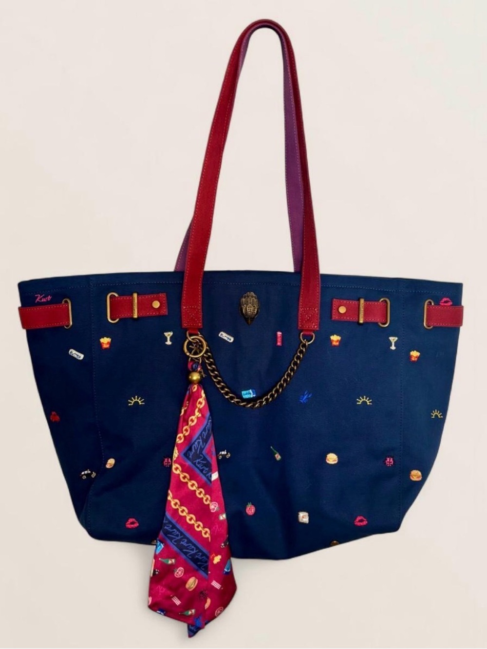 New Kurt Geiger Navy Tote with Red/Purple Handles and Multicolor Embroidery